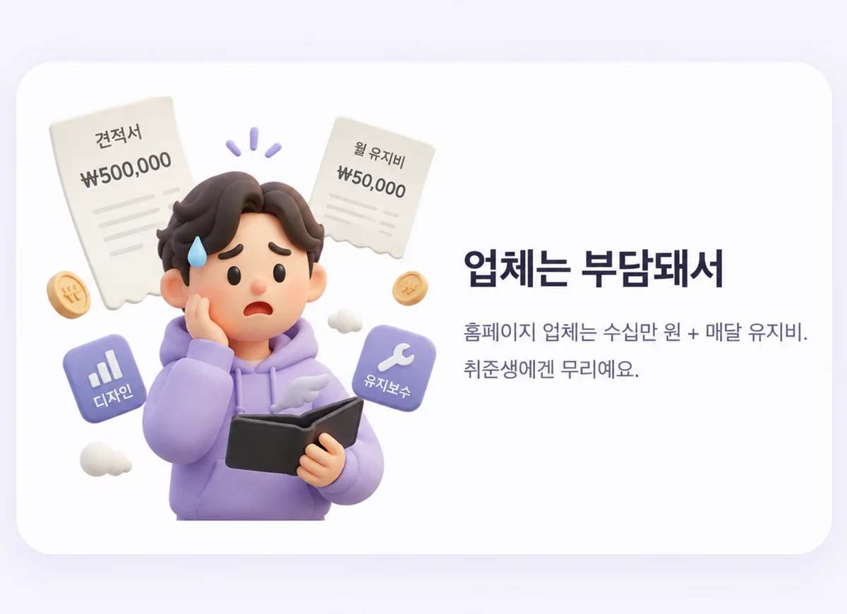 업체는 부담돼서 — 홈페이지 업체는 수십만 원에 매달 유지비, 취준생에겐 무리예요