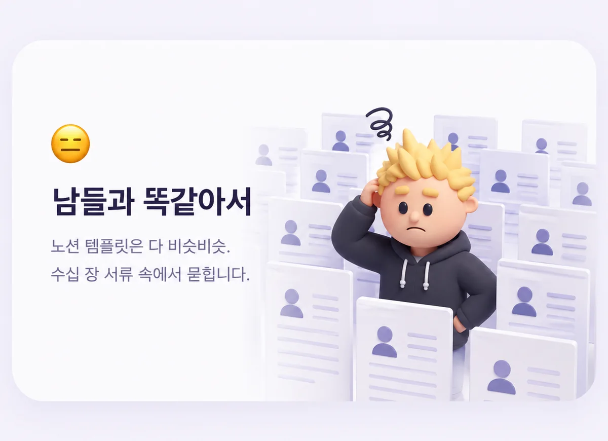 남들과 똑같아서 — 노션 템플릿은 다 비슷비슷, 수십 장 서류 속에서 묻힙니다